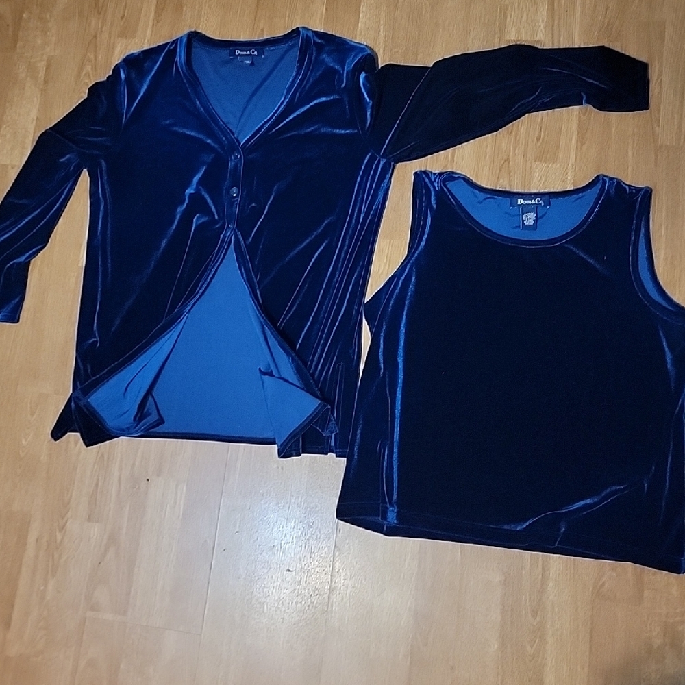 Denim&Co Royal Blue 2 Button Long Sleeve Velvet Top And Co Ord Tank Vintage Set